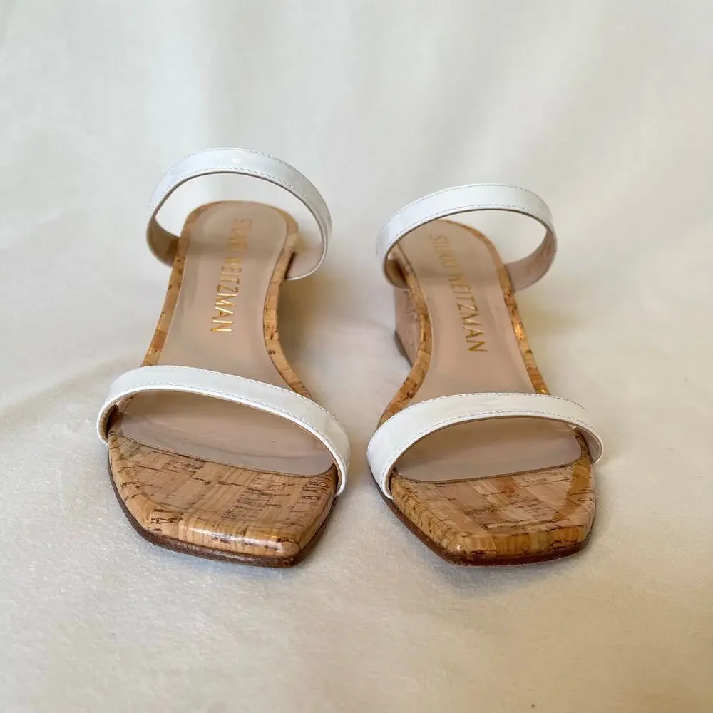 Stuart‎ Weitzman Aleena Wedge Heel Sandals 7.5 Narrow White Patent Leather Cork - Picture 4 of 13